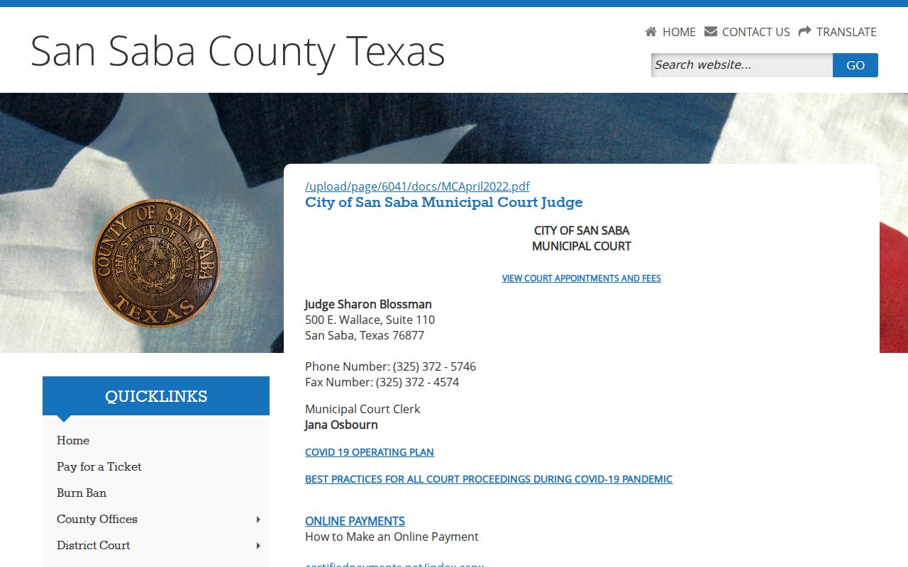 Official San Saba Municipal Court page with court and clerk details