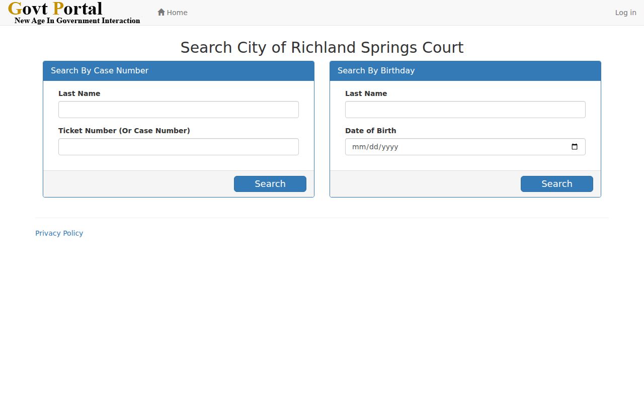 Richland Springs ticket search panels for case number and birthday