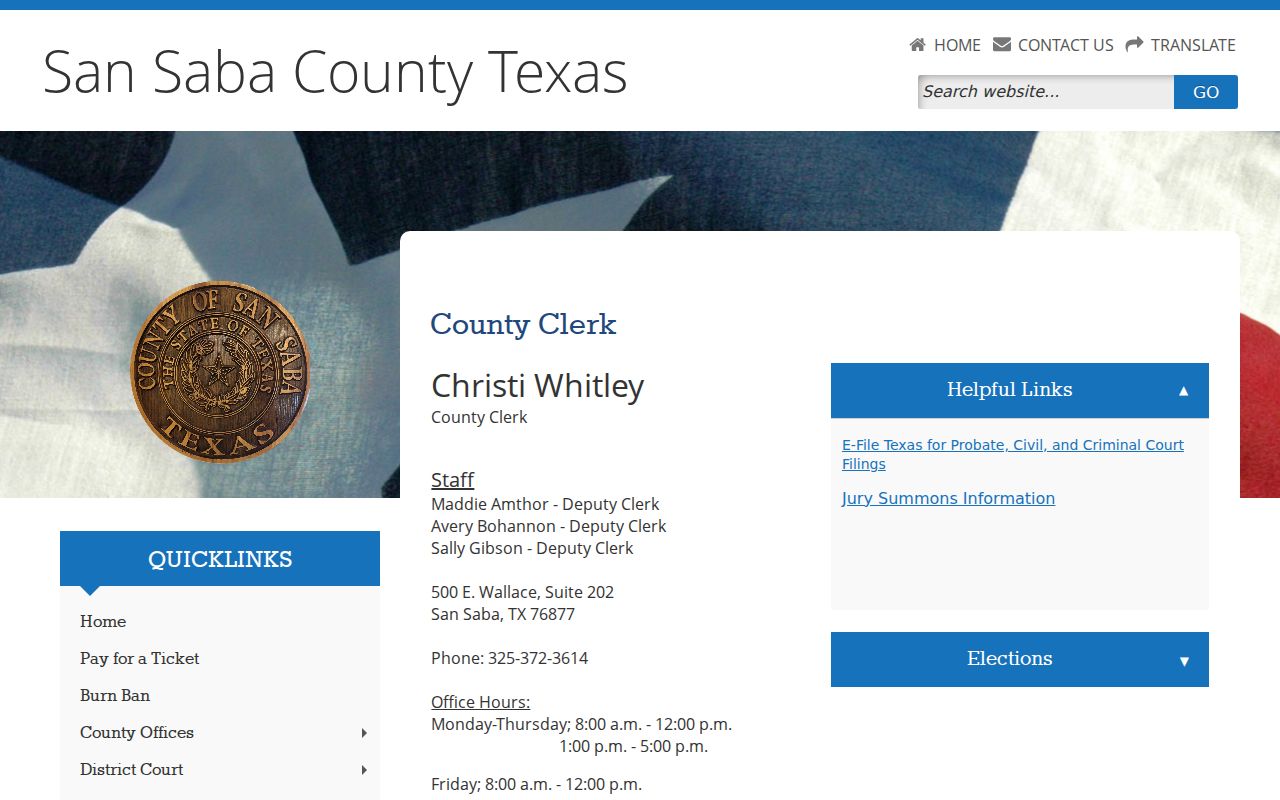 San Saba County court docket clerk name and office details